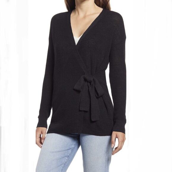 Halogen NWT Women's Ribbed Long Sleeve Side Tie Front Cardigan Sweater Black S - Picture 1 of 9